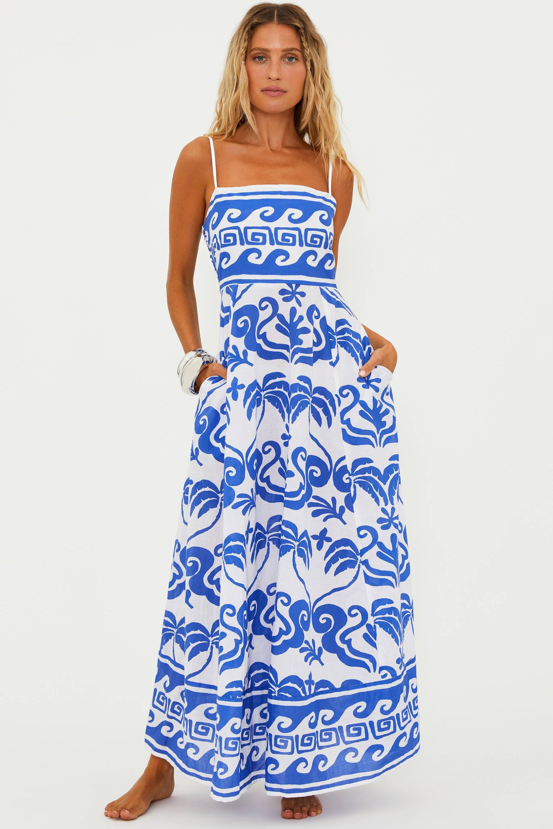 blue and white palm printed maxi dress
