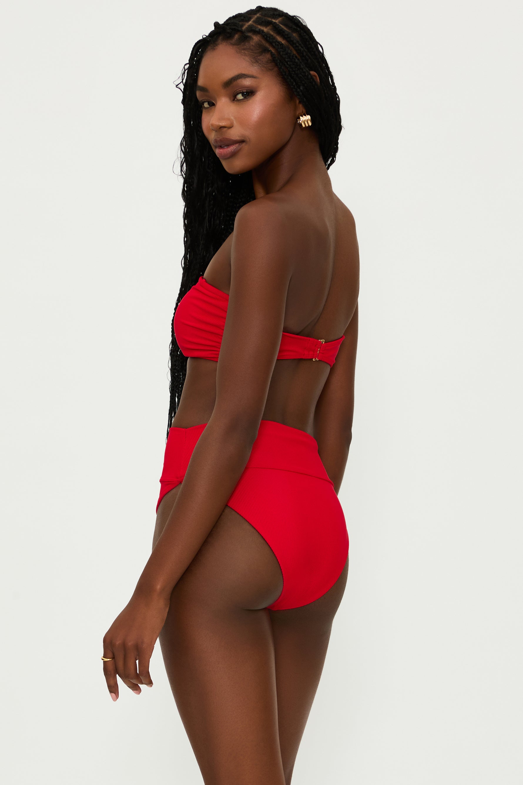 RED RIBBED BANDEAU SWIM TOP