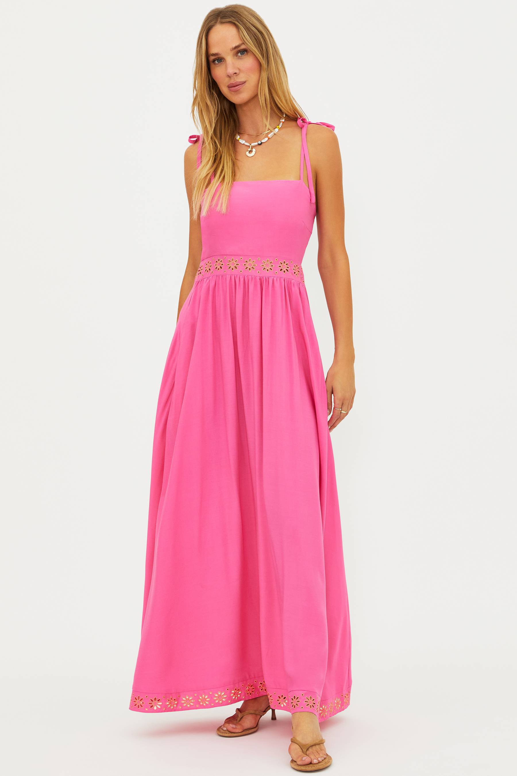 fitted lace wedding dress Rianne Dress Strawberry Eyelet | Pink Maxi Dress Eyelet Detail