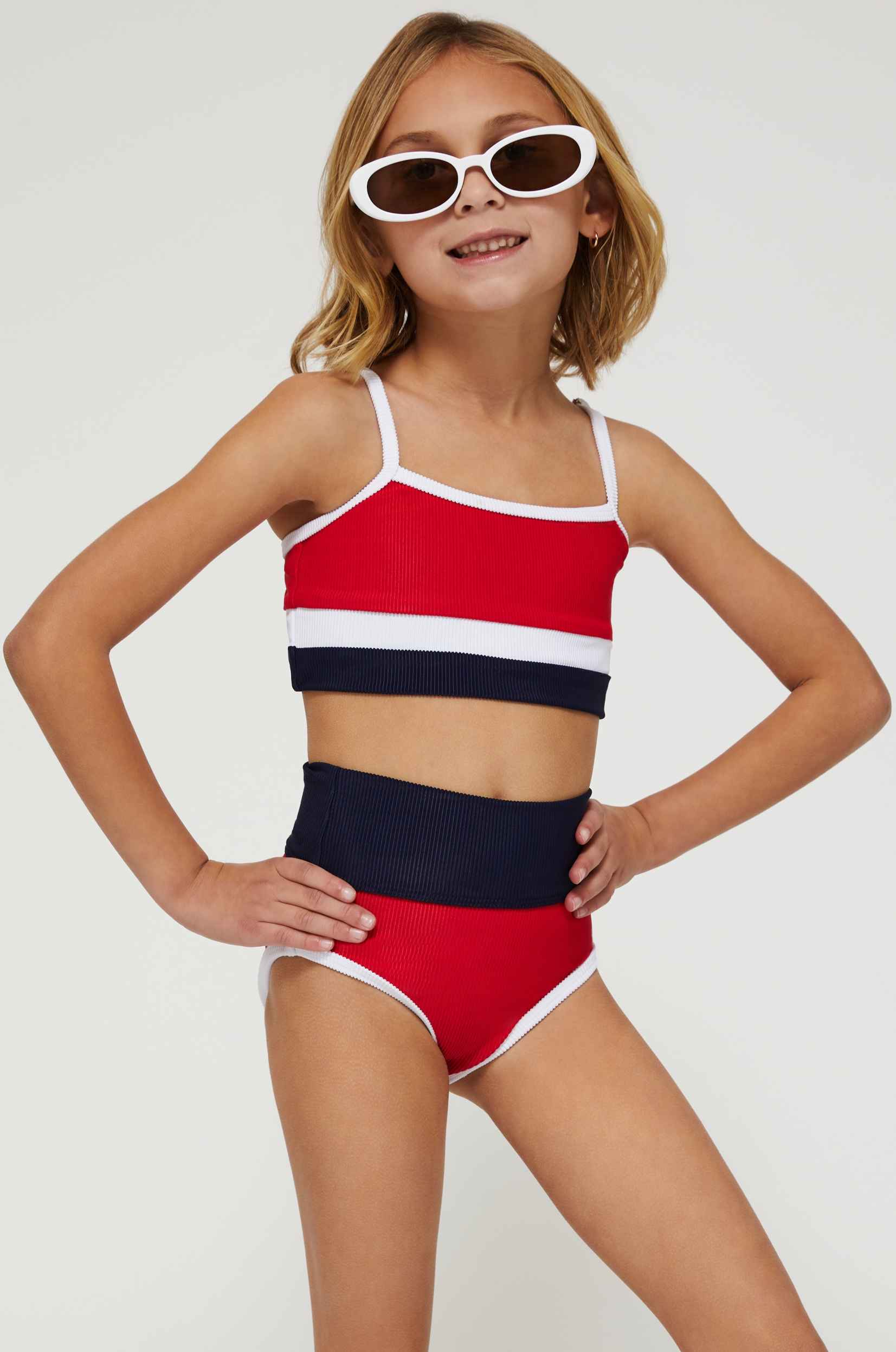 red white and blue ribbed two piece swimsuit for girls
