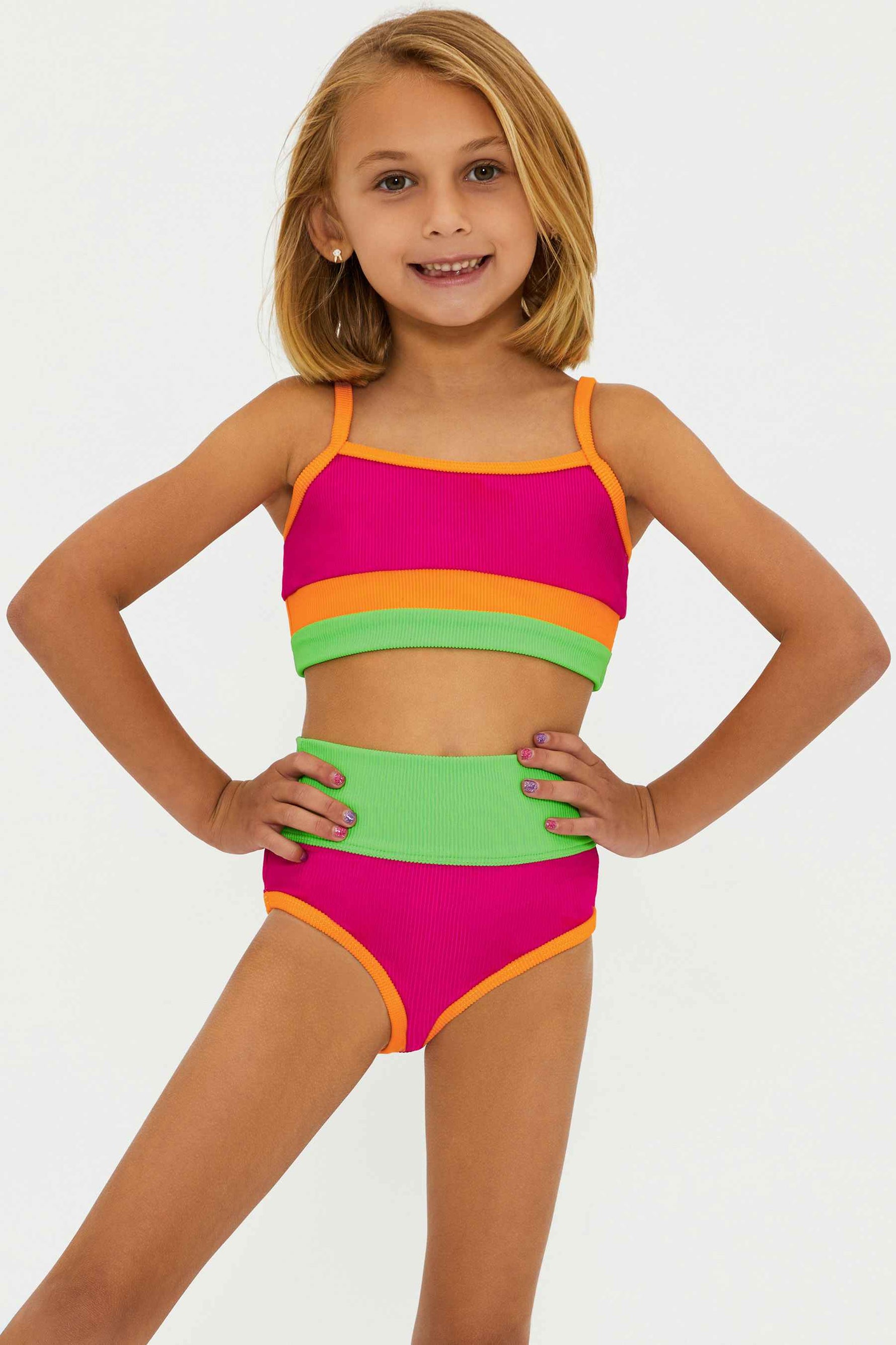orange, pink and green colorblock ribbed swimsuit for girls