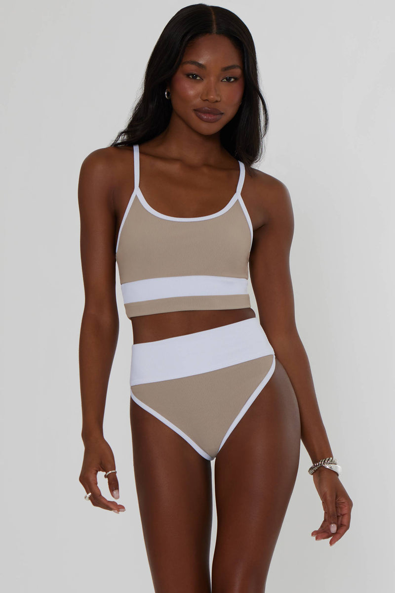 TAN AND WHITE RIBBED SWIM BOTTOM