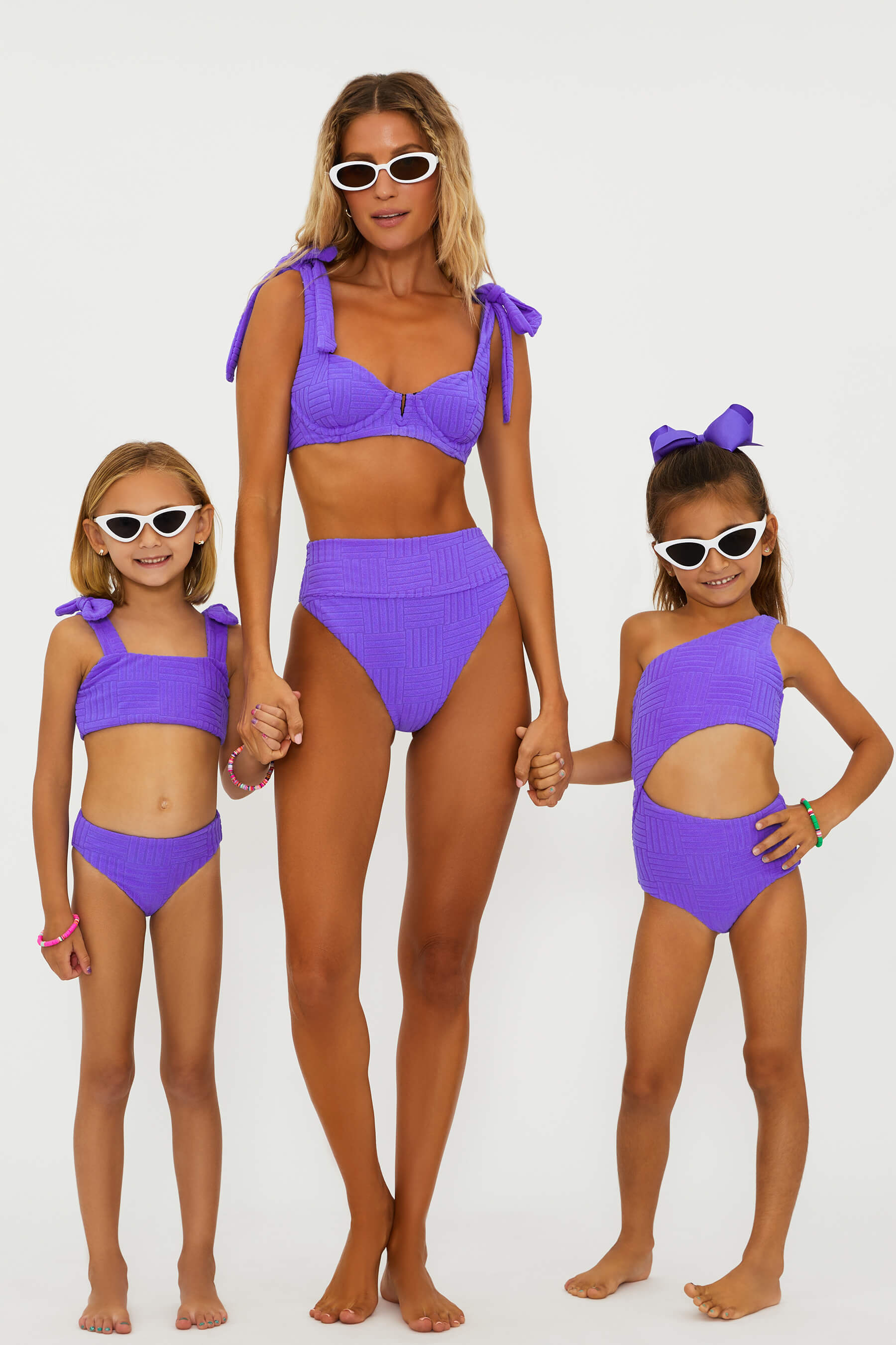 Purple Terry Cloth underwire  bikini top with bows on the shoulders and matching kids swimsuits