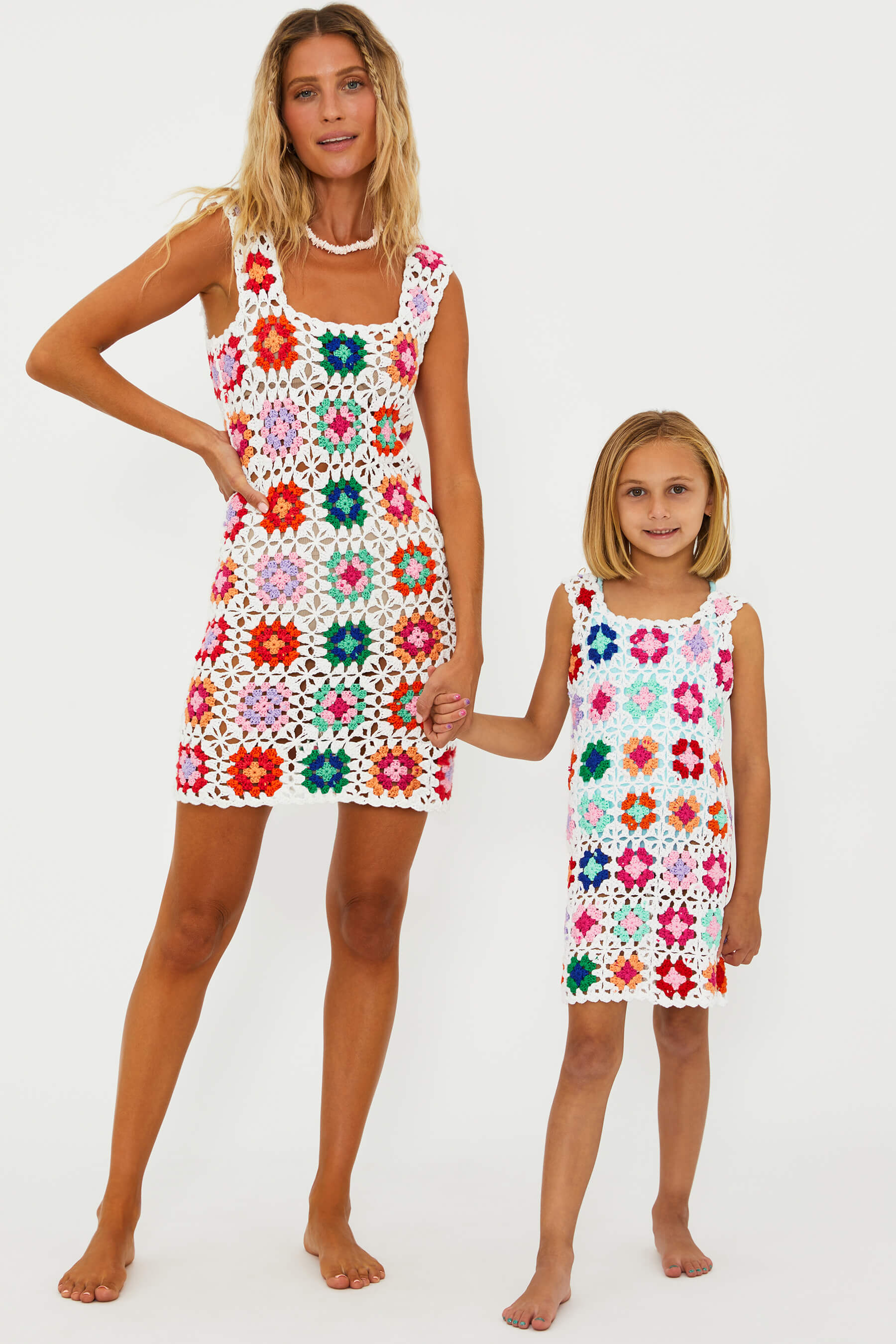 colorful little girls crochet dress and matching mom dress