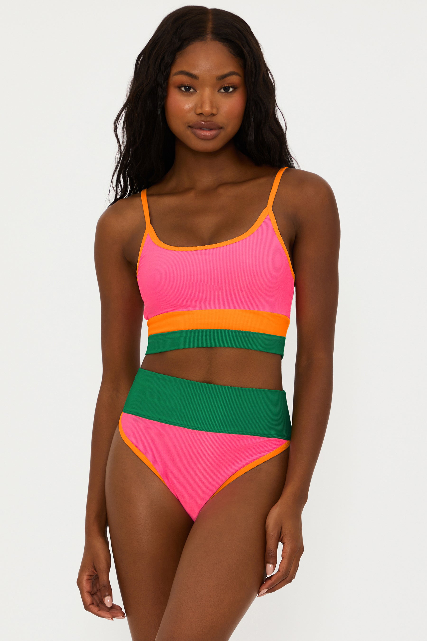 orange, pink and green two piece swimsuit