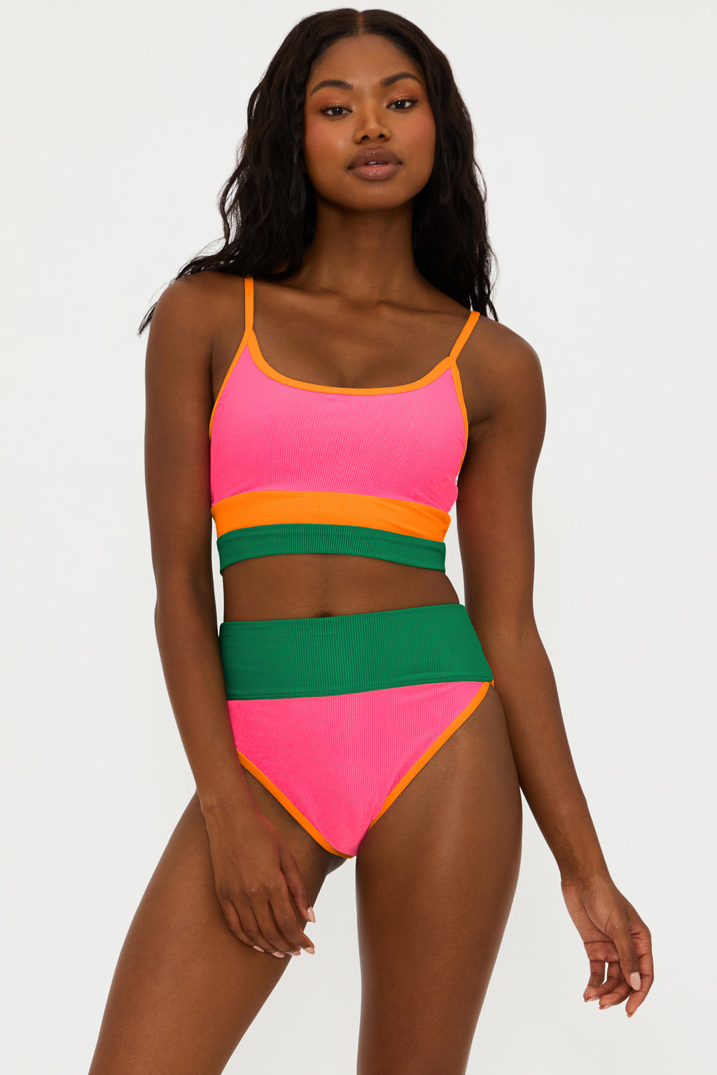 orange, pink and green two piece swimsuit