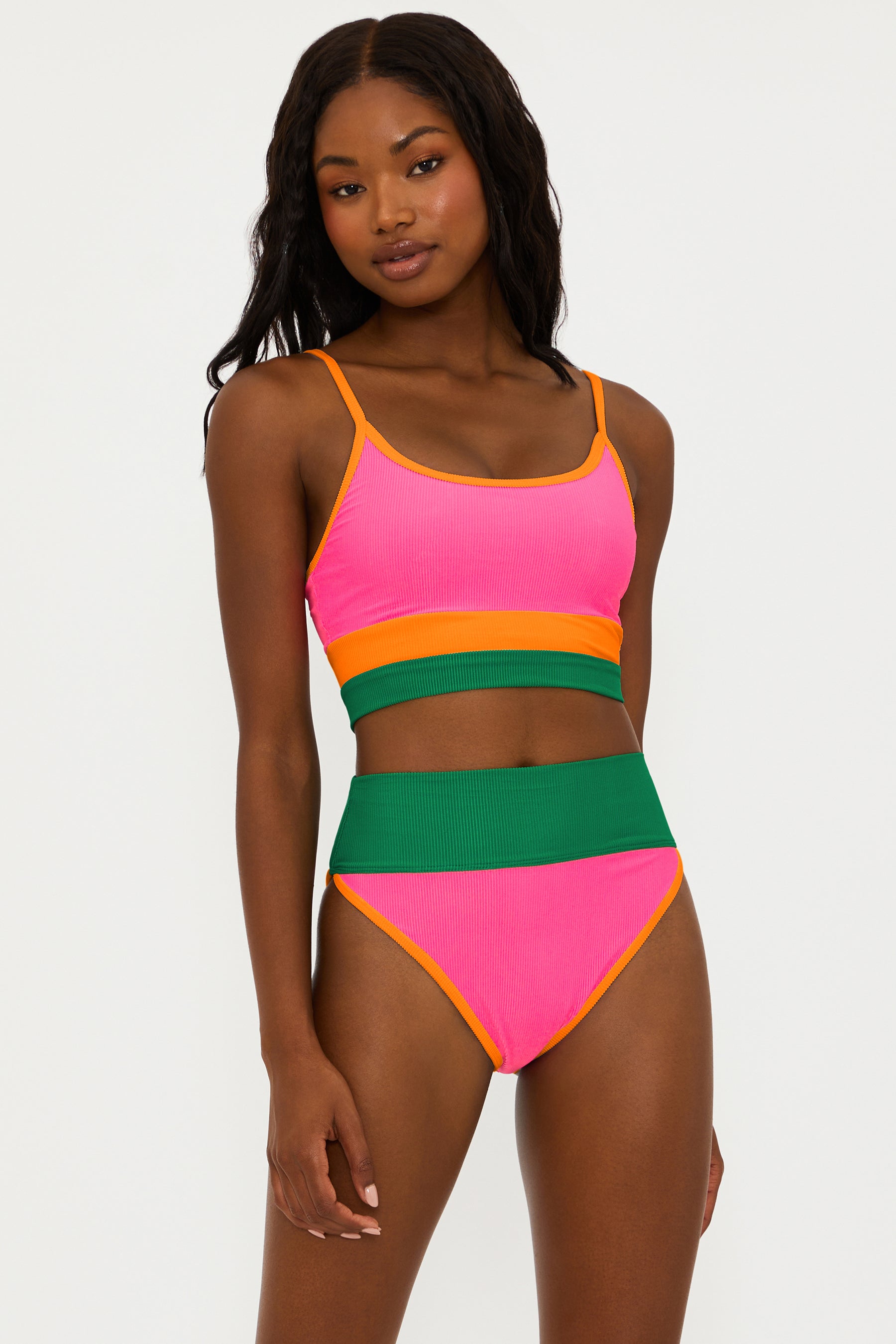 orange, pink and green two piece swimsuit