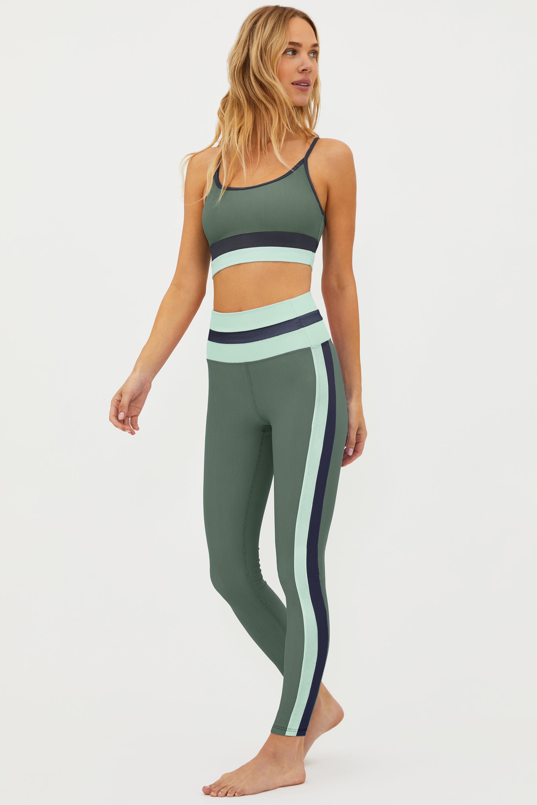 sage green ribbed high waist leggings with blue and charcoal colorblock panels