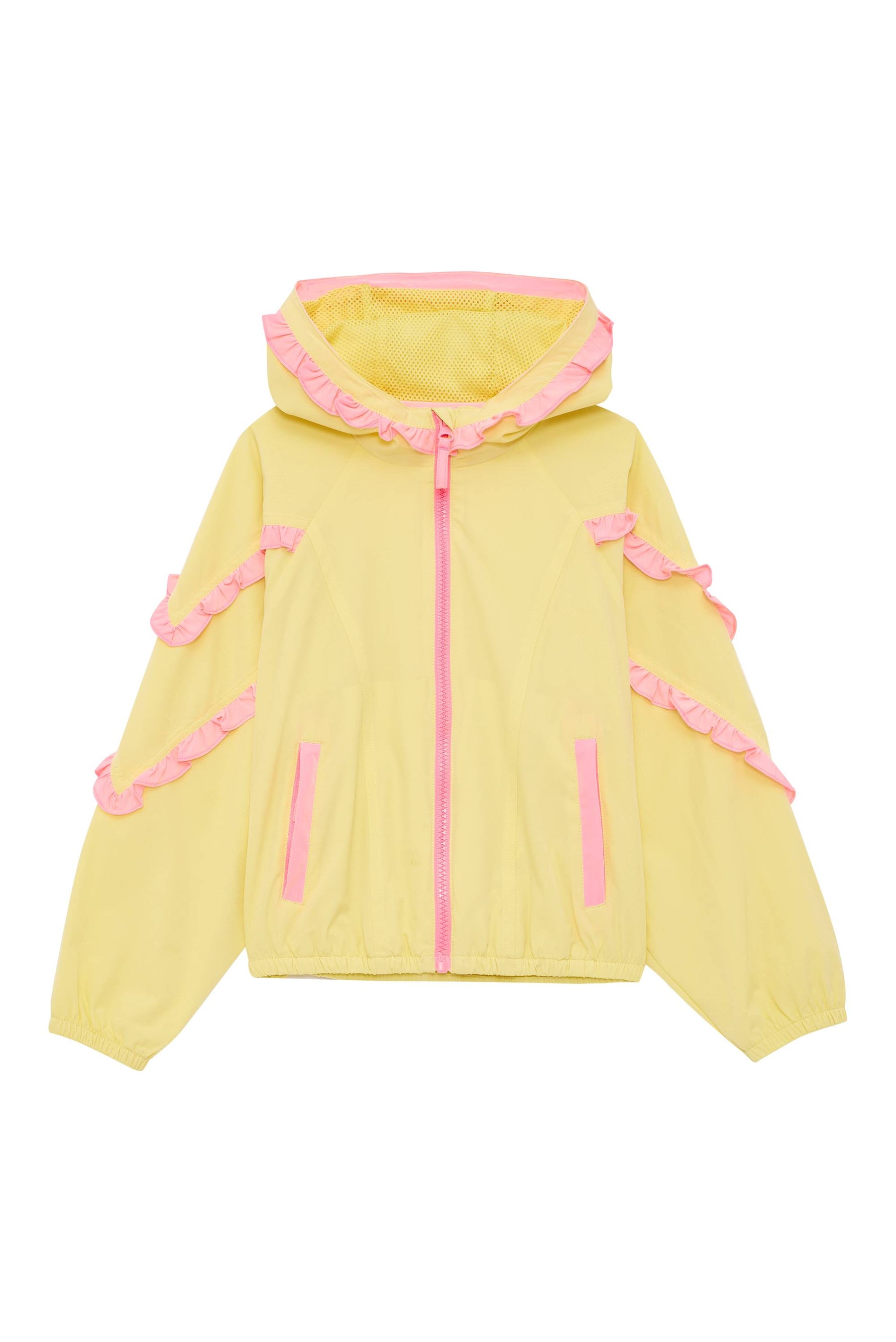 Kids yellow track shorts with pink ruffle lining.