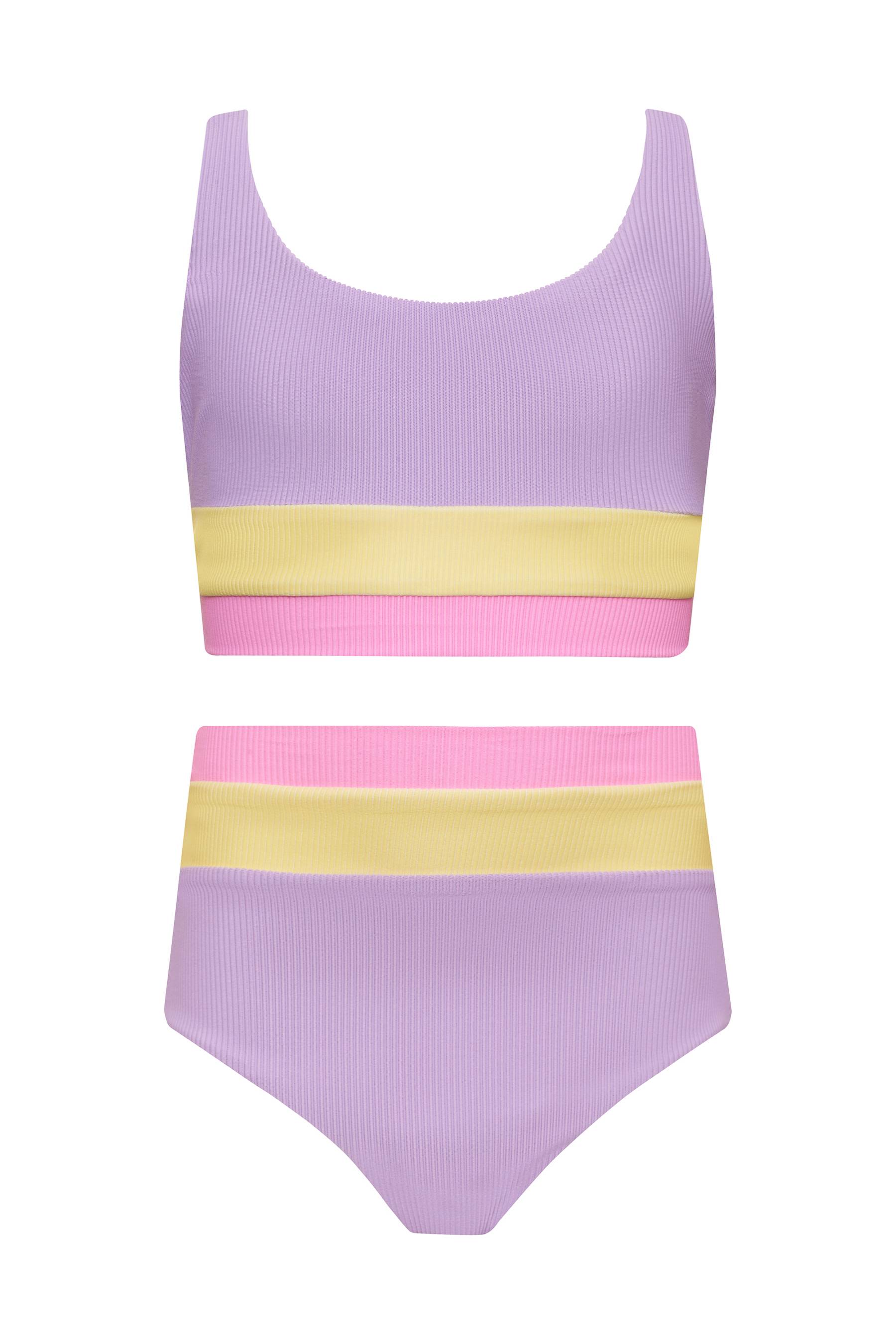 Little girls purple pink and yellow colorblocked two piece swim suit