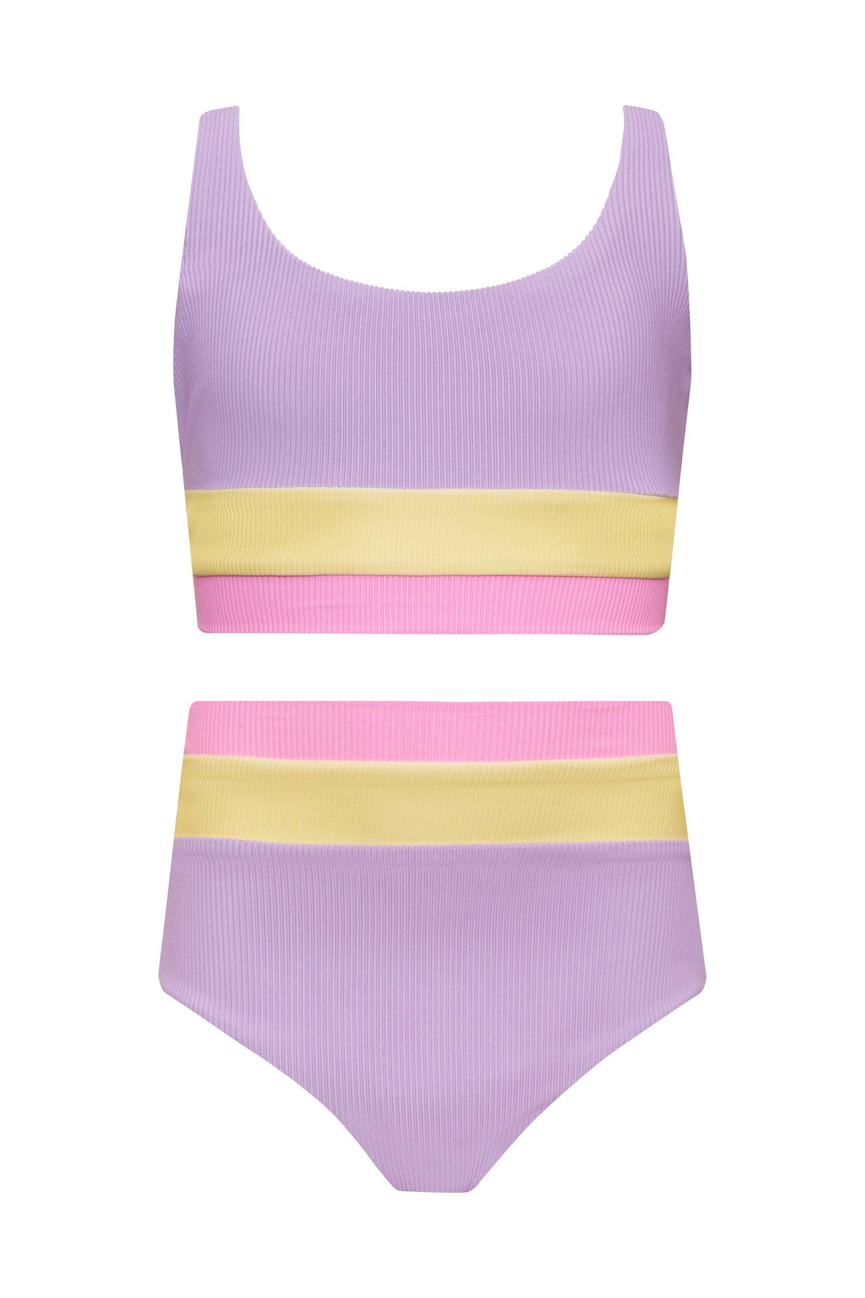 Little girls purple pink and yellow colorblocked two piece swim suit