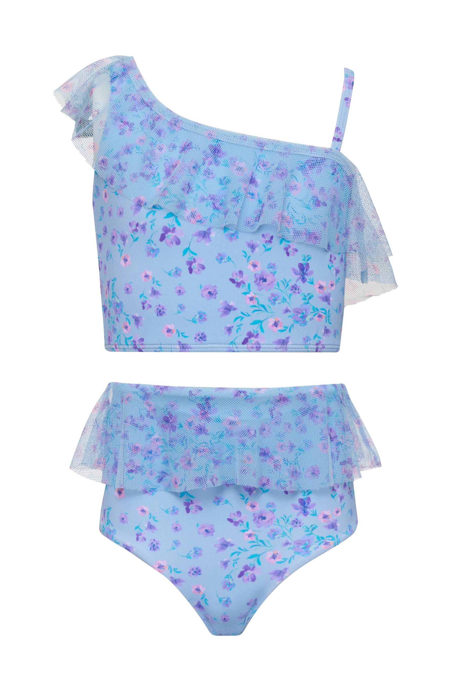 Girls two piece bikini set with ruffles in a. blue shade with floral print