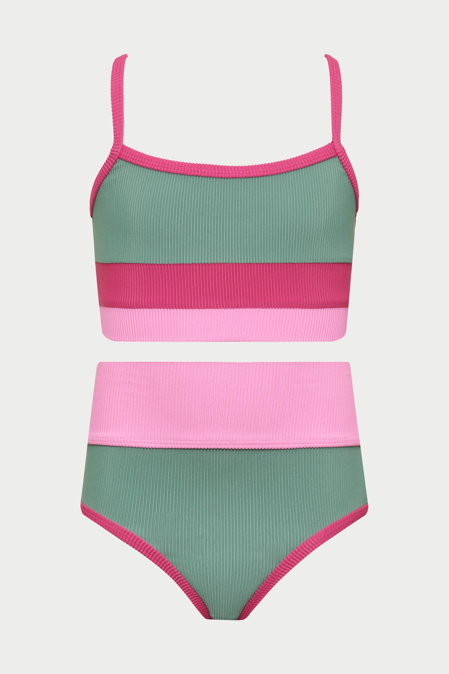 Little girls pink and green two piece swim suit