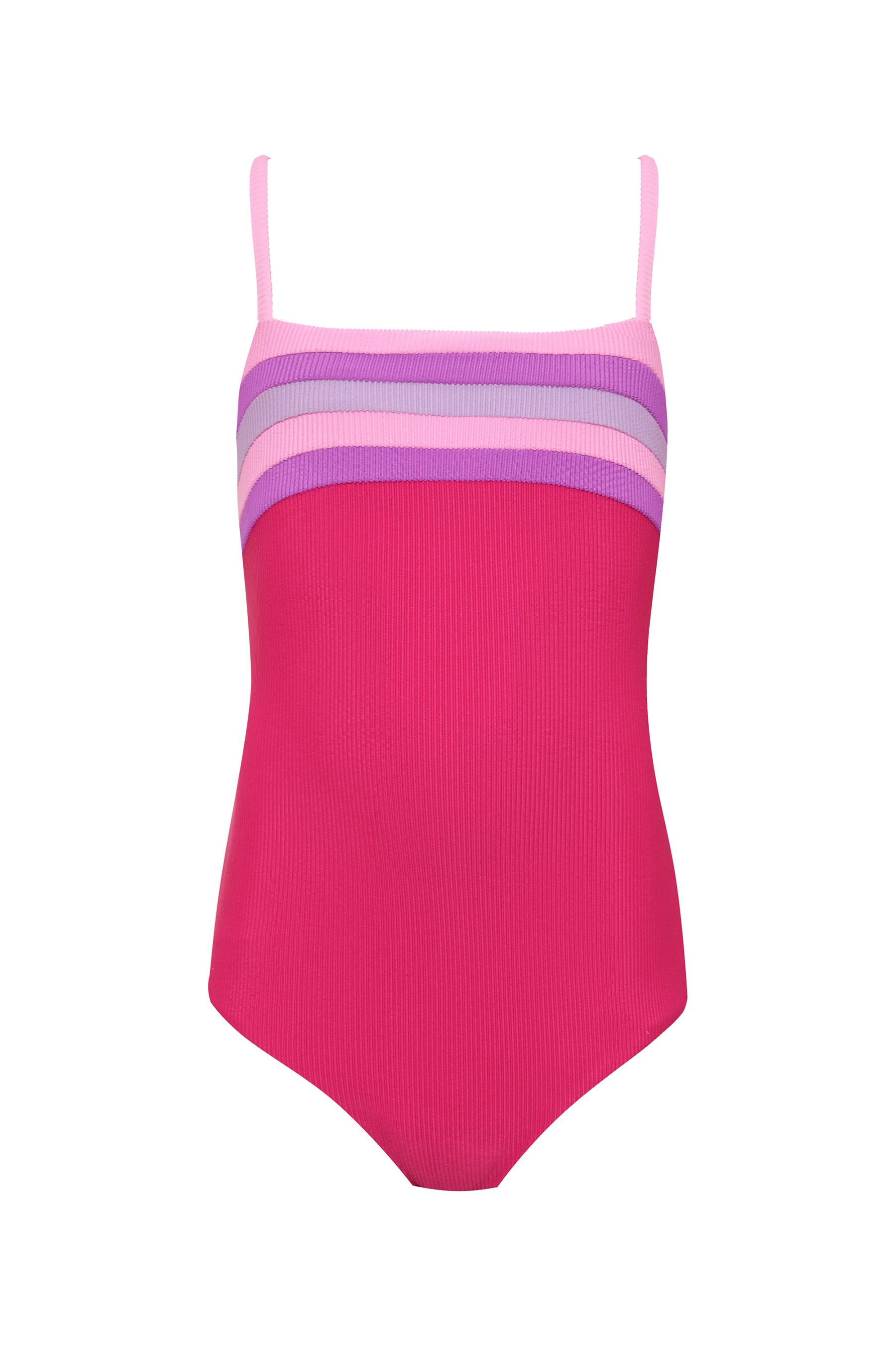 magenta ribbed one piece swim suit for little girls with pink and purple stripes on the top