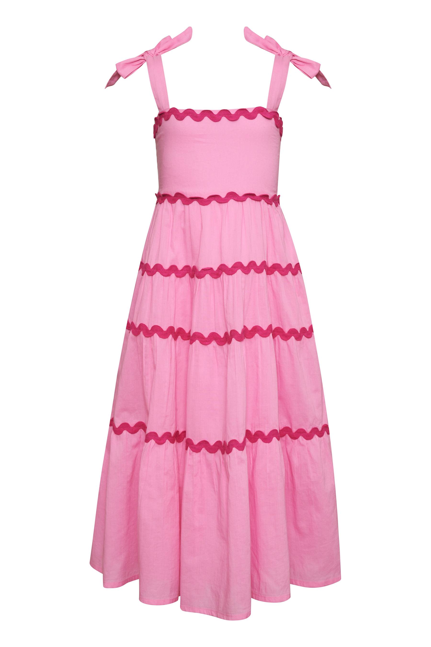 pink flowy little girls maxi dress with magenta rick rack on the tiers