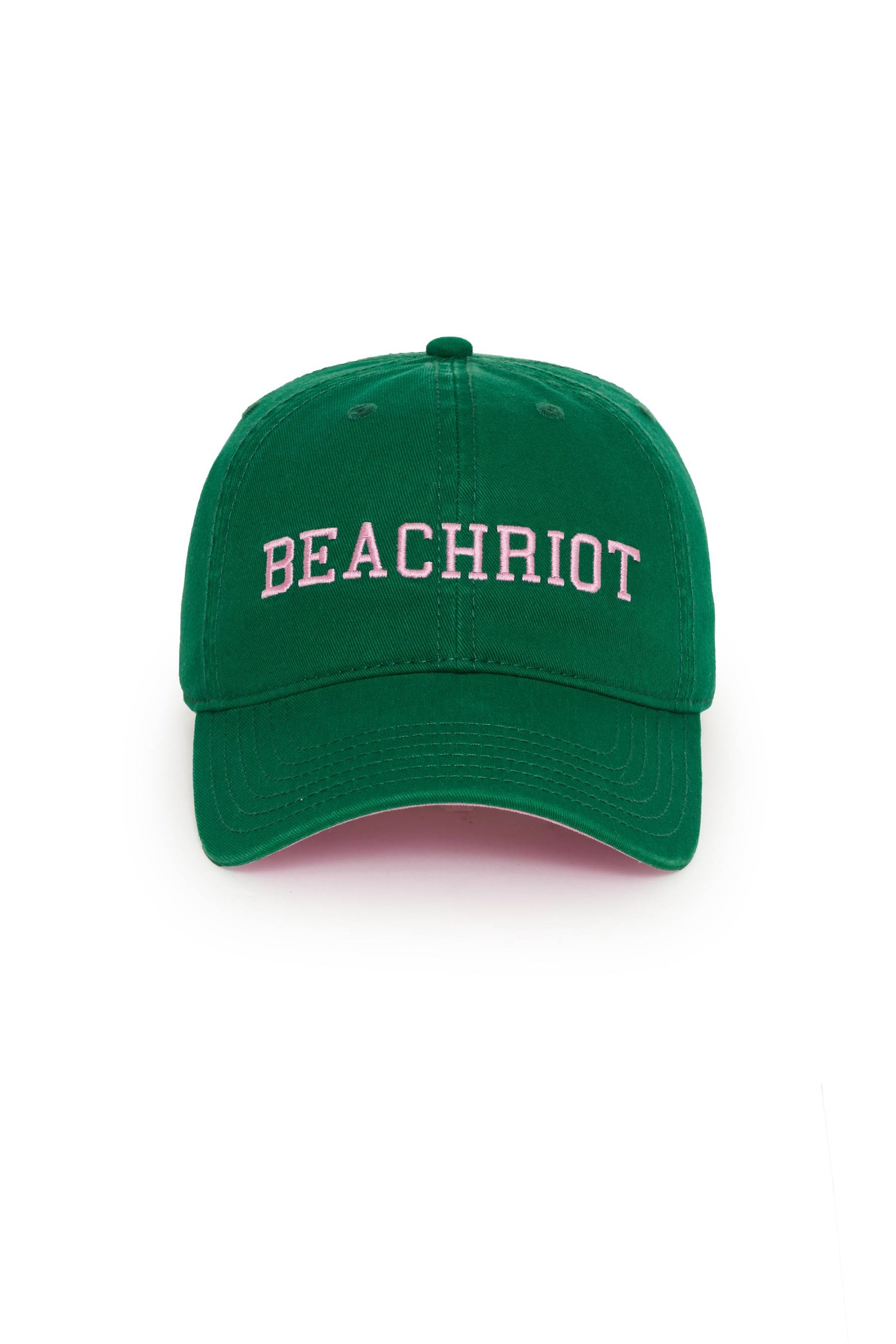 green baseball cap with pink Beach Riot embroidery