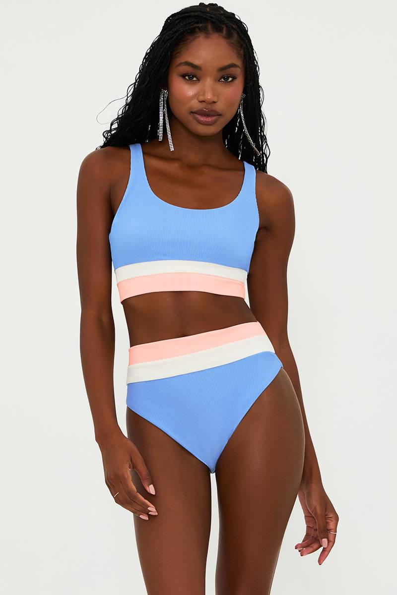 BLUE PINK AND WHITE RIBBED SWIM SET