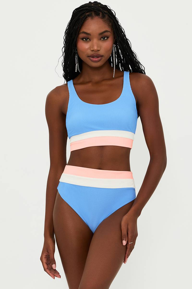 BLUE PINK AND WHITE RIBBED COLORBLOCK SWIMSUIT