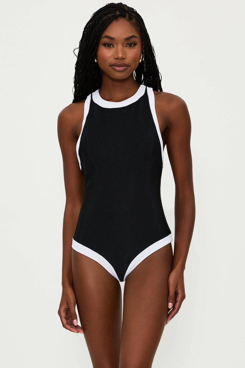 black and white ribbed one piece swimsuit