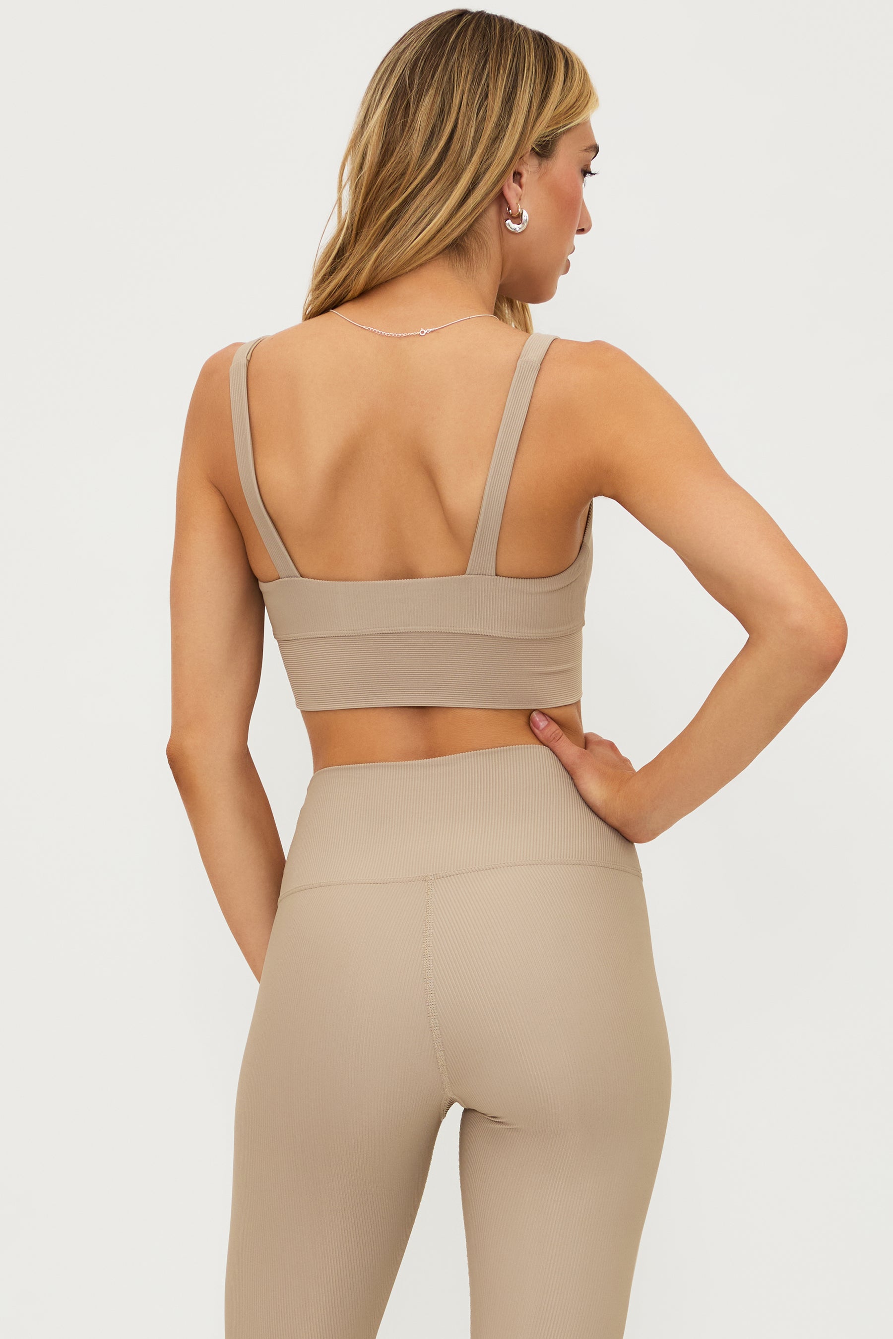 tan ribbed sports bra with matching tan ribbed leggings