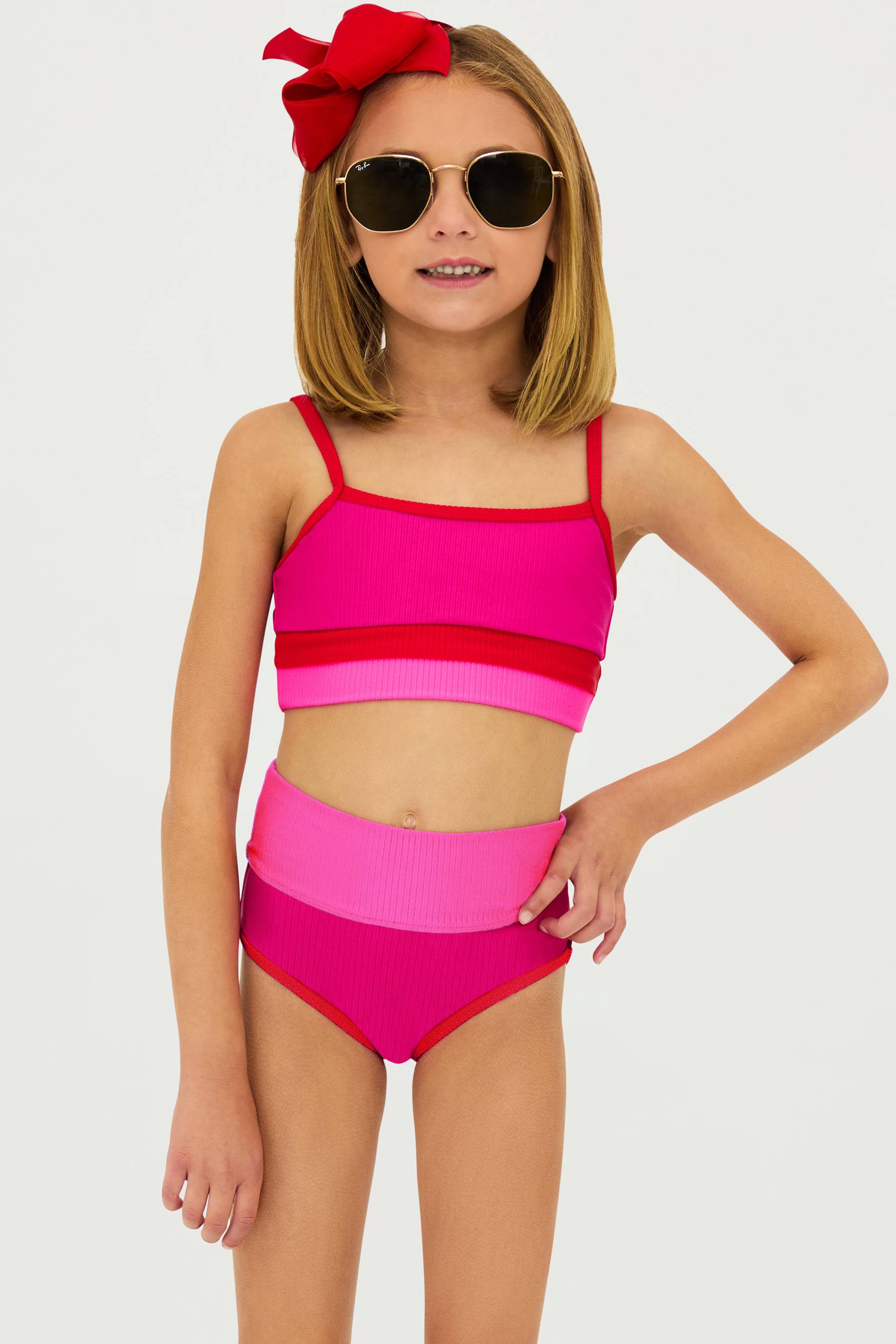 pink and red ribbed girls swimsuit set