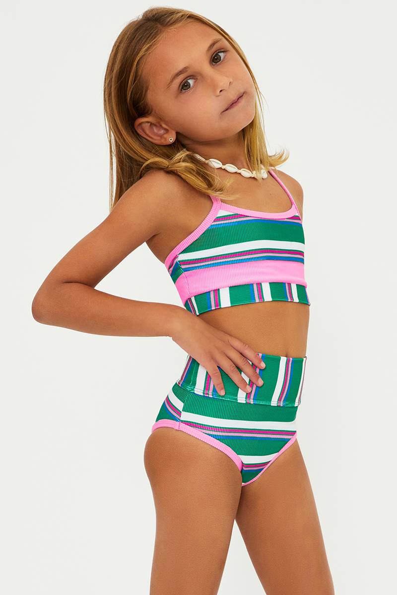 A young girl wearing a two-piece swimsuit with jelly bean stripe pattern, featuring high-waisted bottoms and adjustable straps.