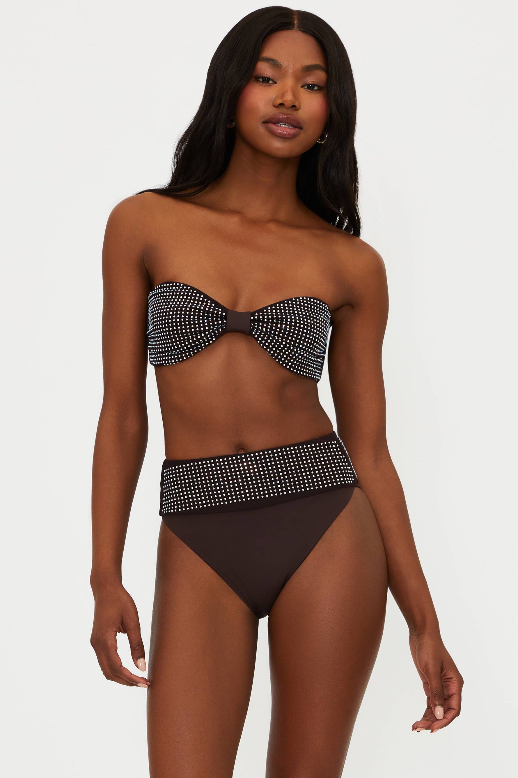 brown swim suit with rhinestones