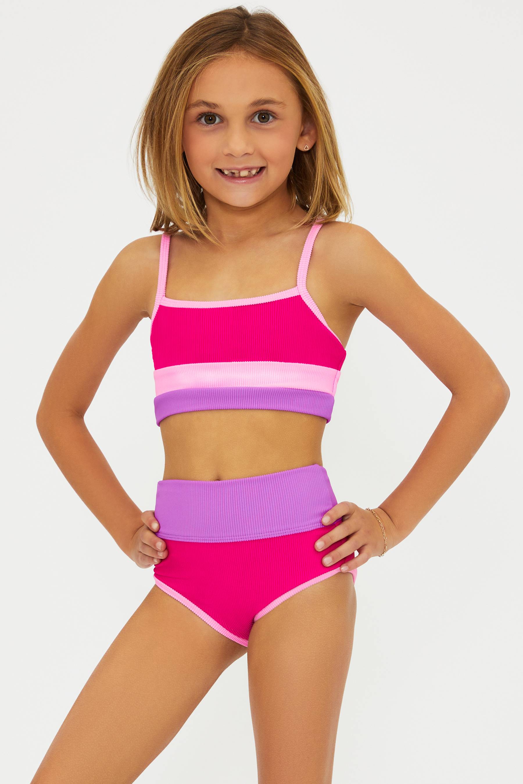 pink and purple little girls two piece ribbed swim suit 