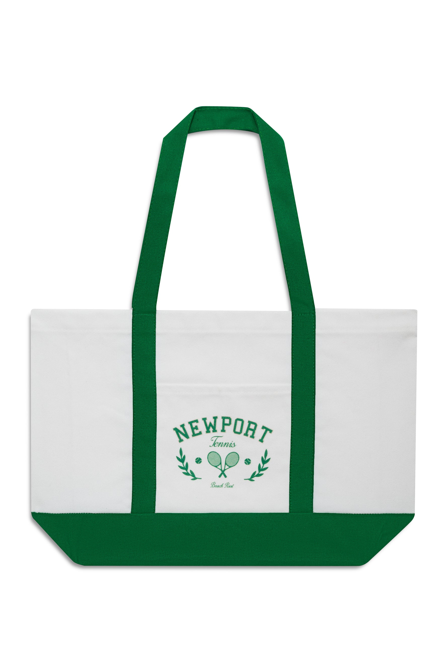 White tote bag with green handles and border, featuring 'Newport Tennis' text and logo.