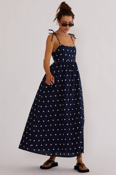 long blue polka dot dress Blue Chiffon Maxi Dress with Polka Dot Pattern and Boat Neckline