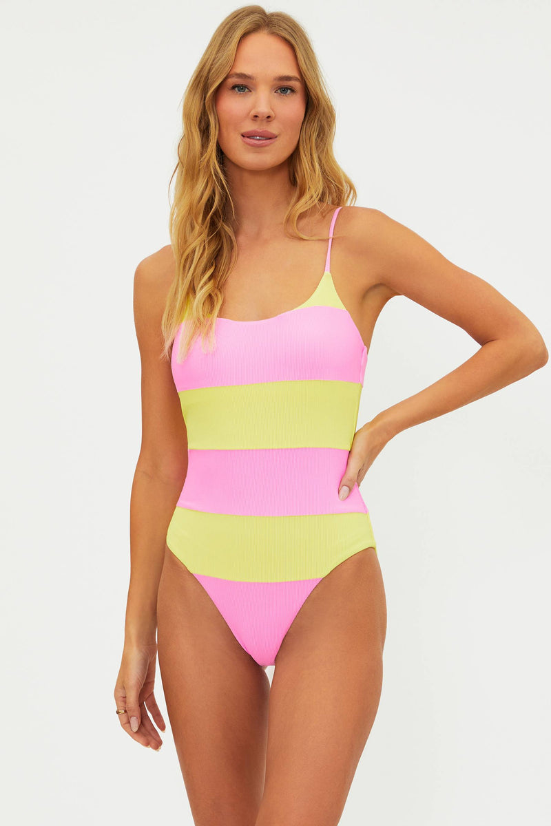 pink and yellow ribbed one piece swim set