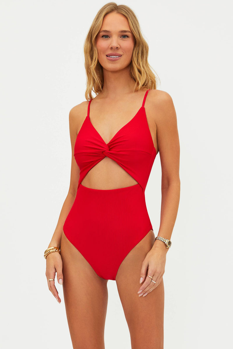 red ribbed cut out one piece swimsuit