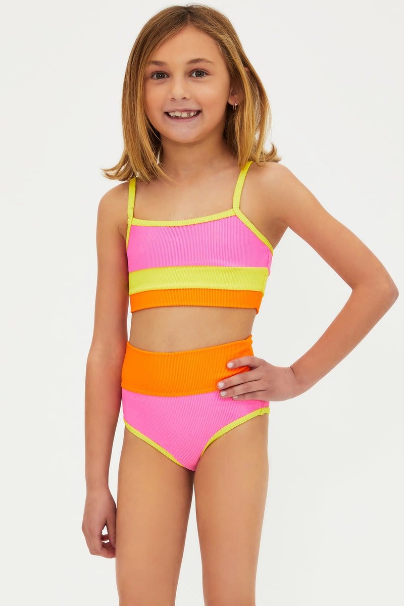 Pink orange and yellow ribbed swimsuit