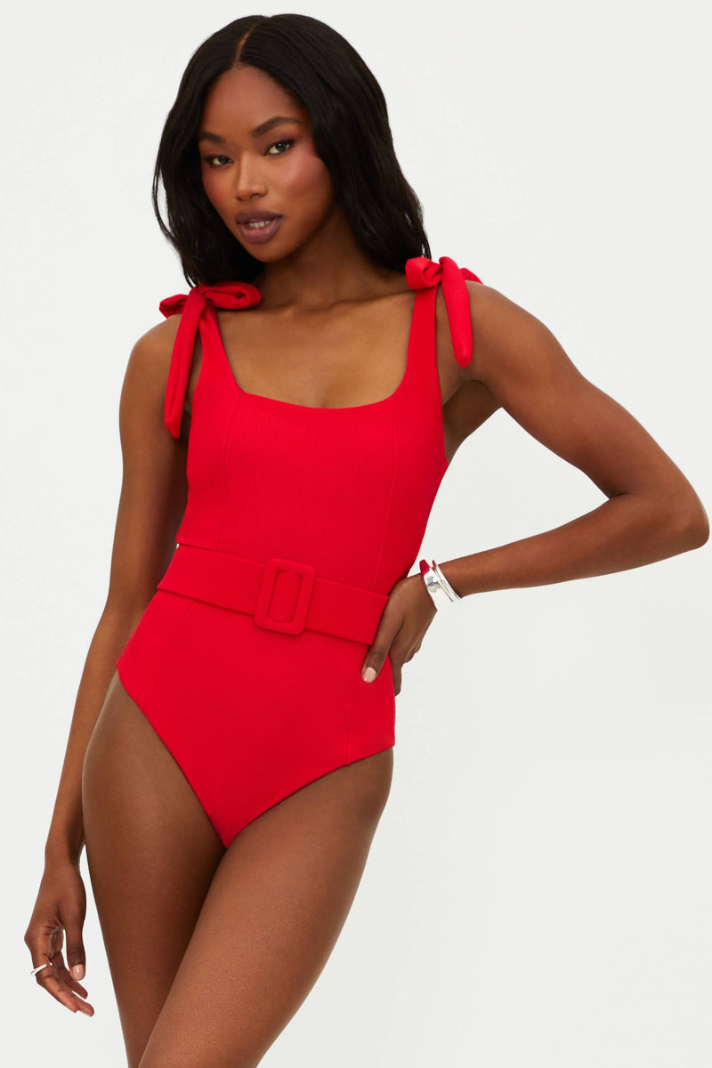 red ribbed one piece swim suit