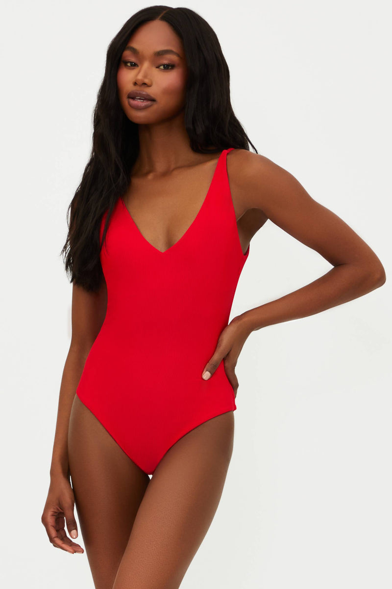 red ribbed one piece swimsuit