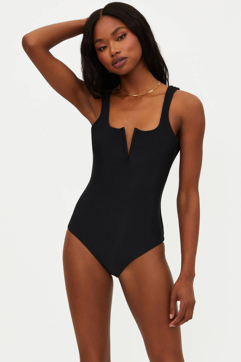black ribbed one piece swimsuit