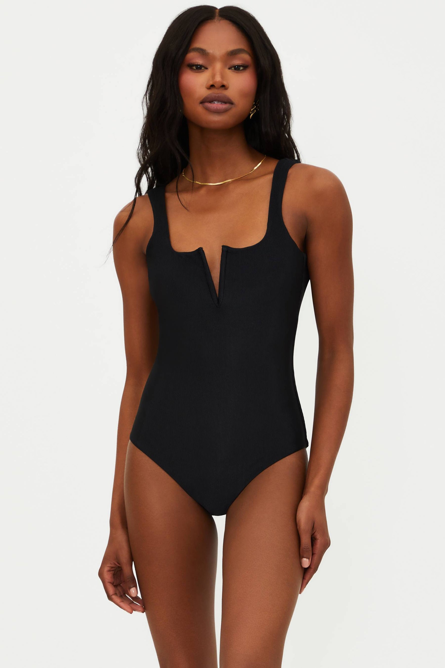 black ribbed one piece swimsuit