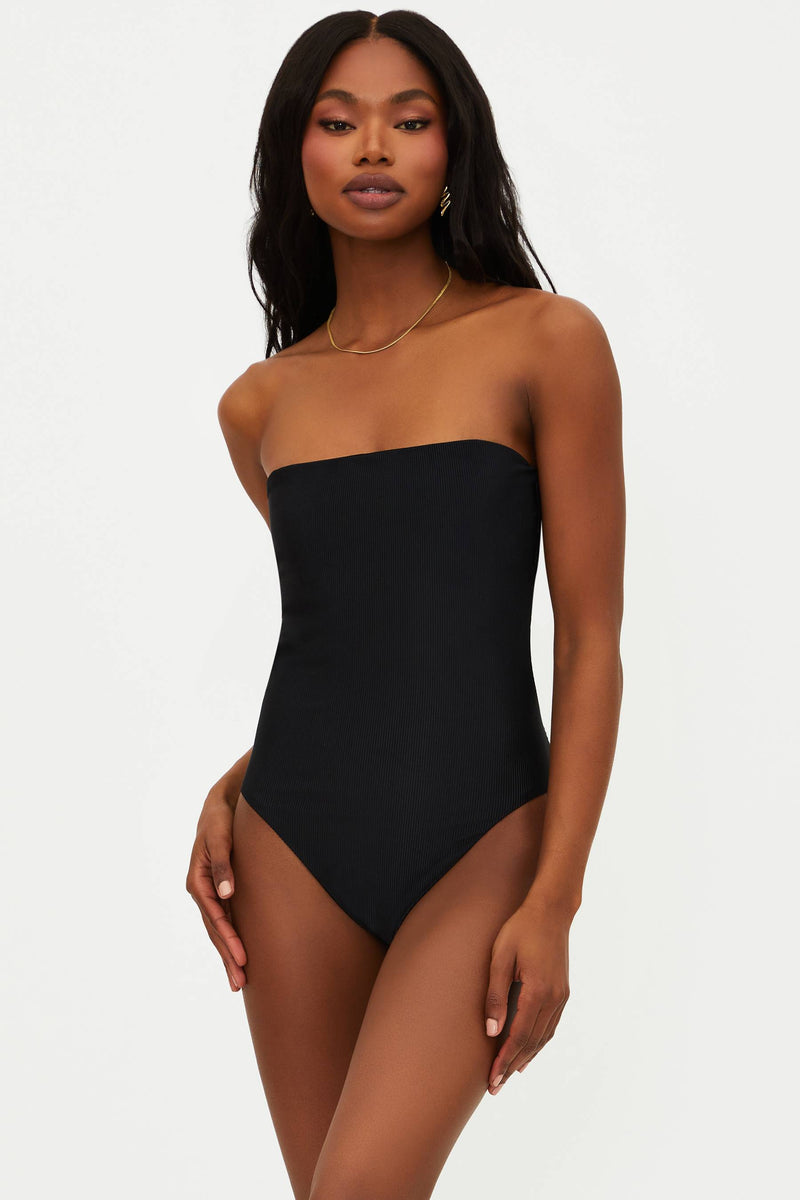 black ribbed strapless one piece swimsuit
