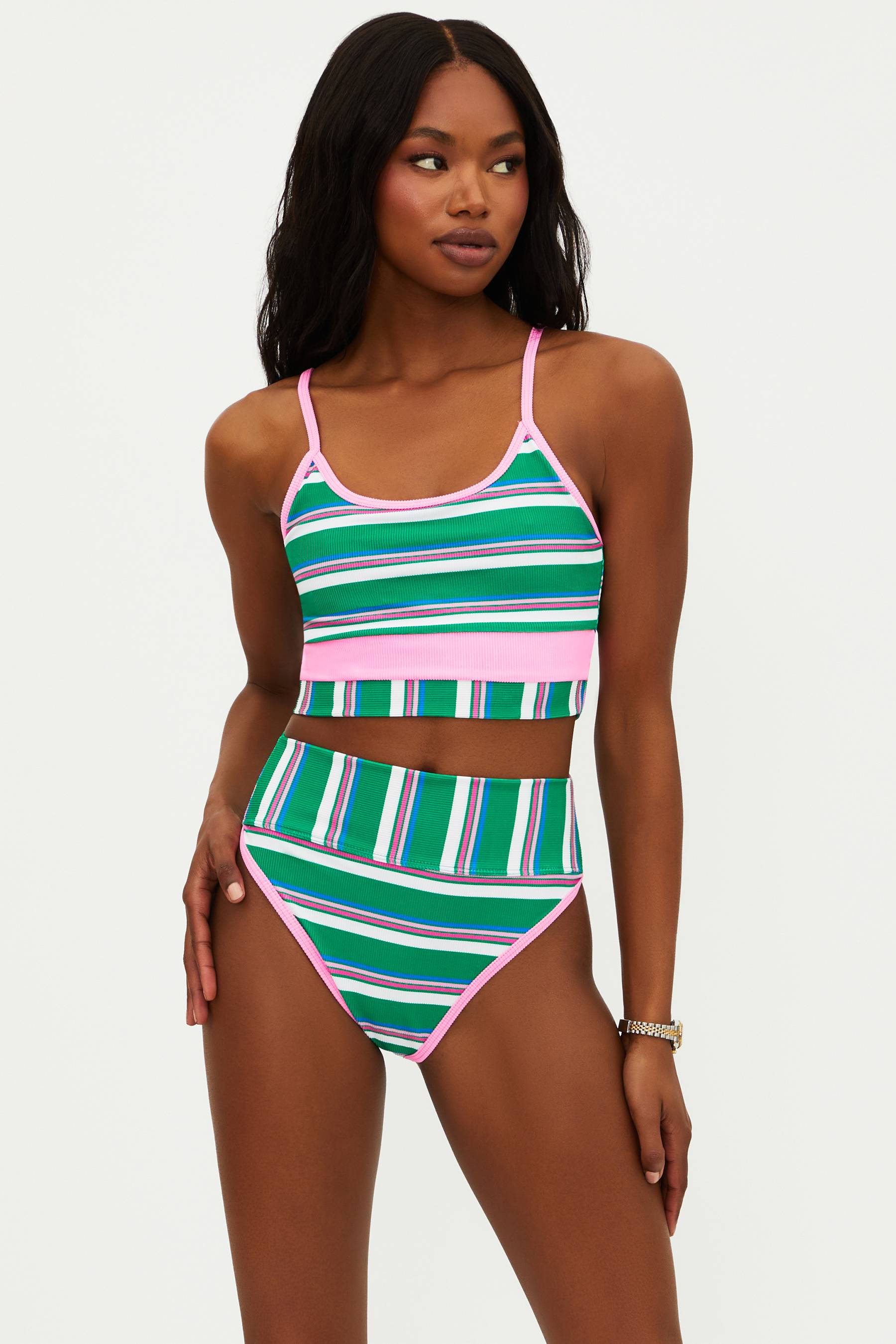 green and pink striped bikini with ribbed fabric