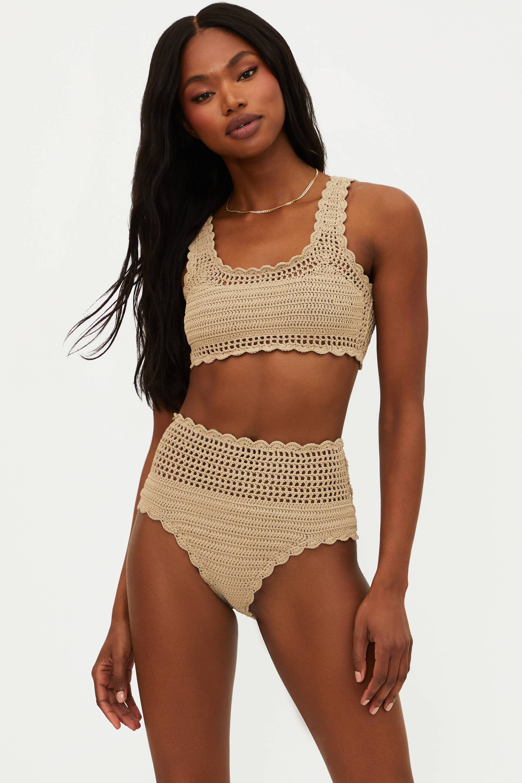 tan crochet bralette swim top with a high waisted crochet swim bottom