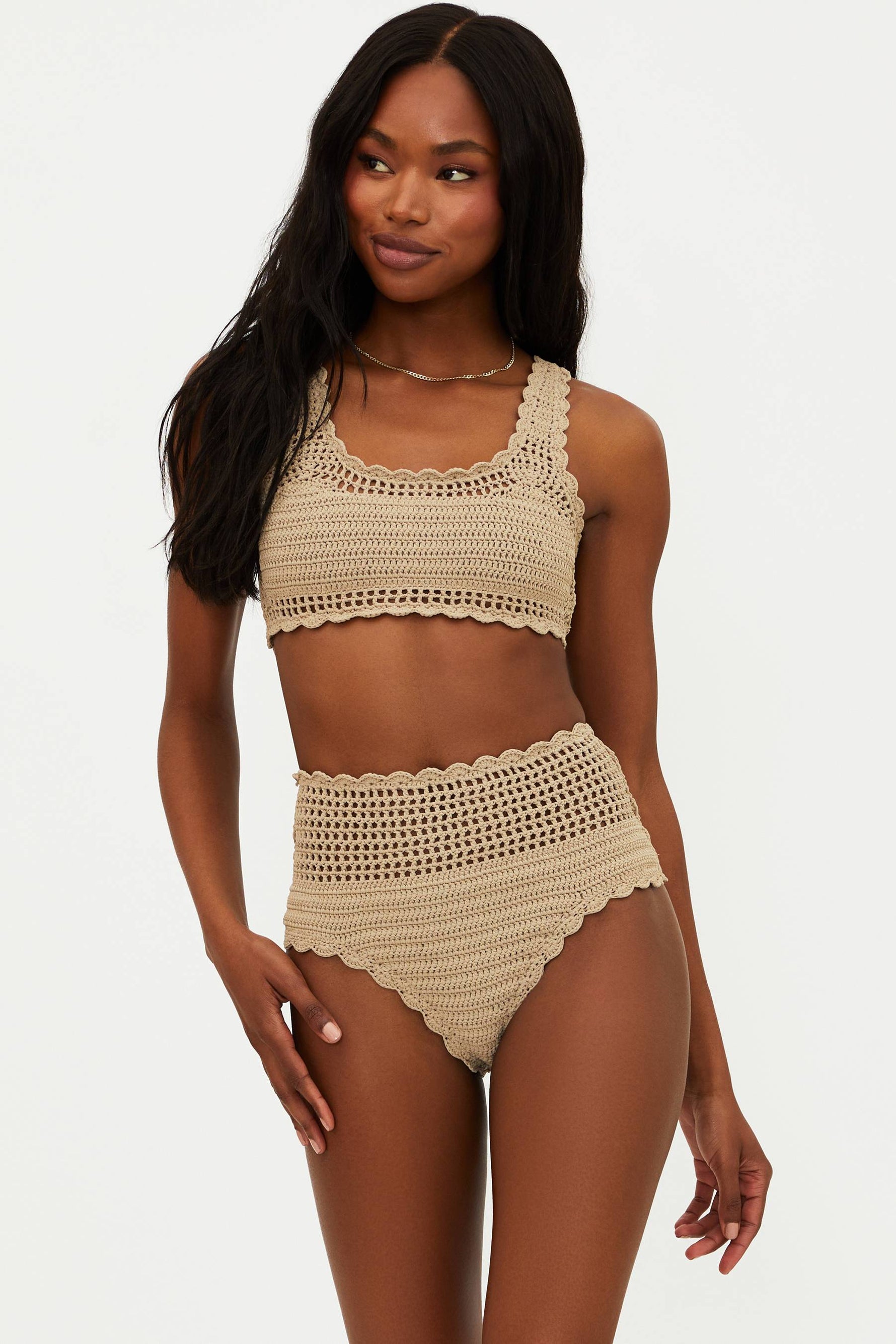 tan crochet bralette swim top with a high waisted crochet swim bottom