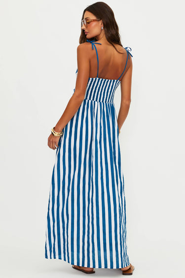 white and blue beach dress Riot Levie Maxi Women's Dress Twilight Tides Stripes : SM Kiss Me vacation dinners b&w Collar Size/Sleeve US (Inches):16.5/35