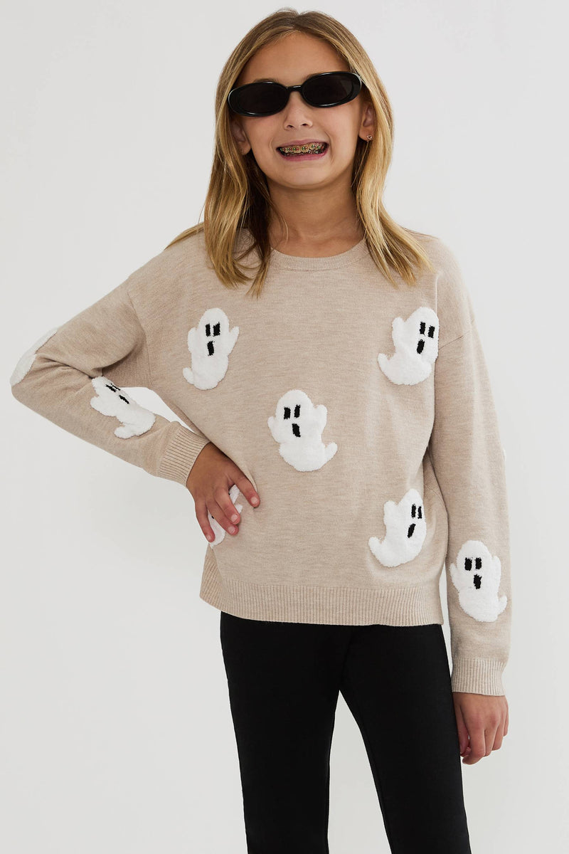 Kids oatmeal sweater with white ghosts print. 
