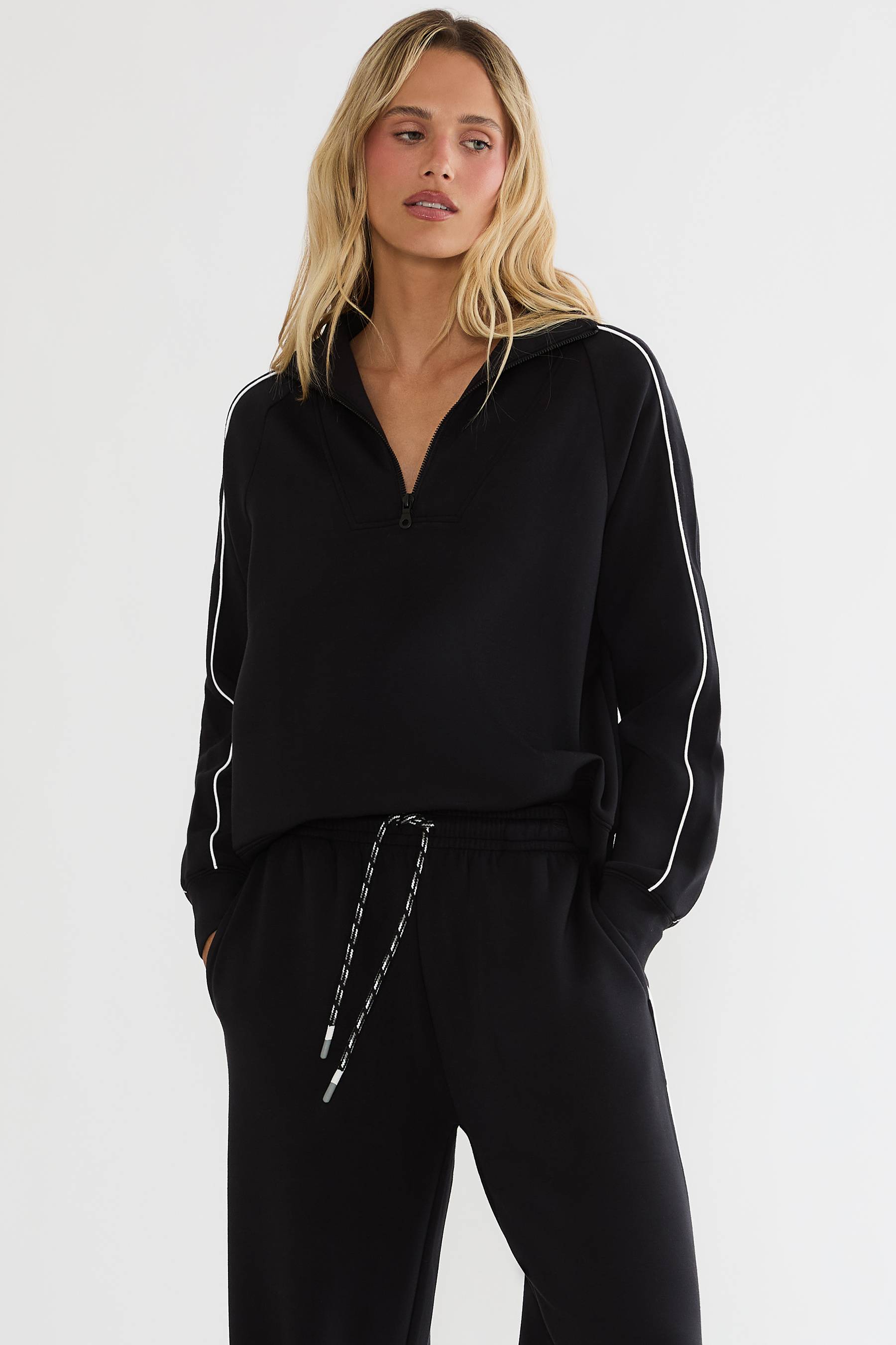 Black quarter zip track sweatshirt with white lining. 