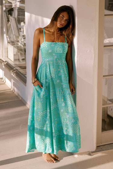 turquoise beach dress Riot | Rianne Aqua Haze | Fruit Print Maxi Dress Sentmoon Birthday Dresses for Our retro Sheer Dress Color:Bluebell