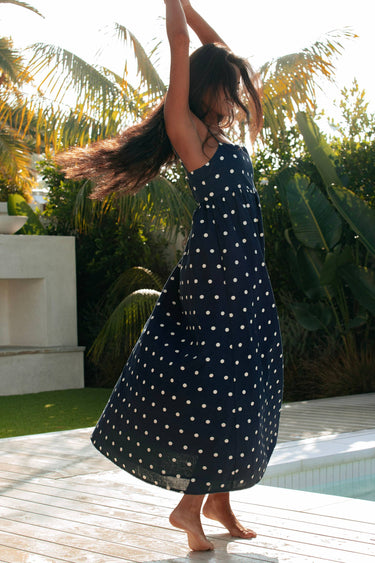 navy polka dot maxi dress Polka Dots Belted Chiffon Maxi Dress in Navy blue S-M