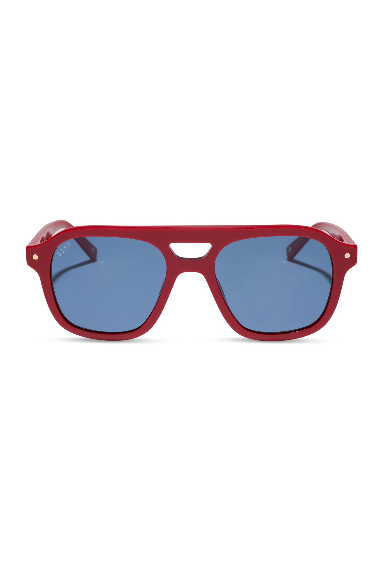 Red sunglasses with blue lenses on a white background