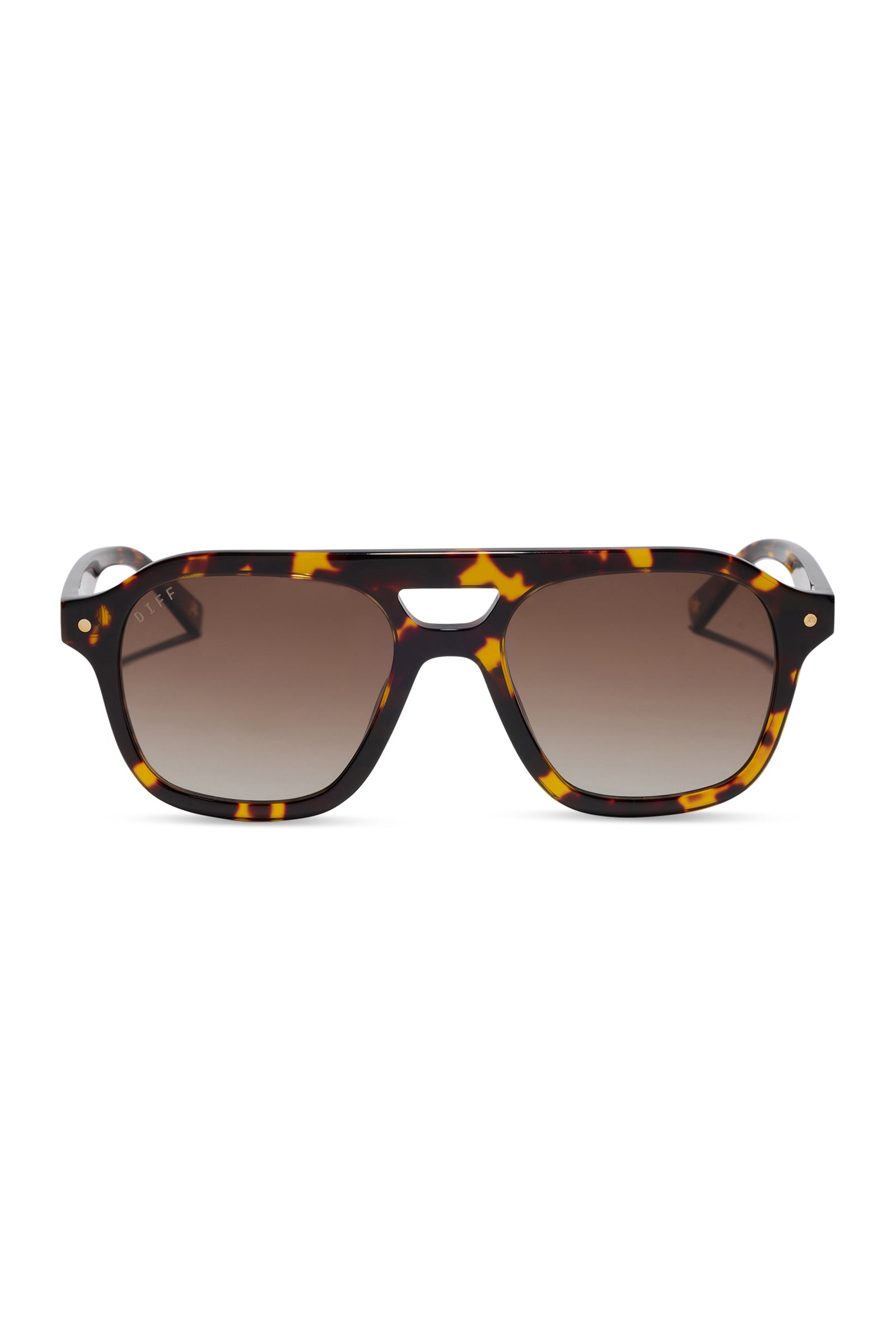 Sunglasses with tortoiseshell frame and gradient lenses on a white background