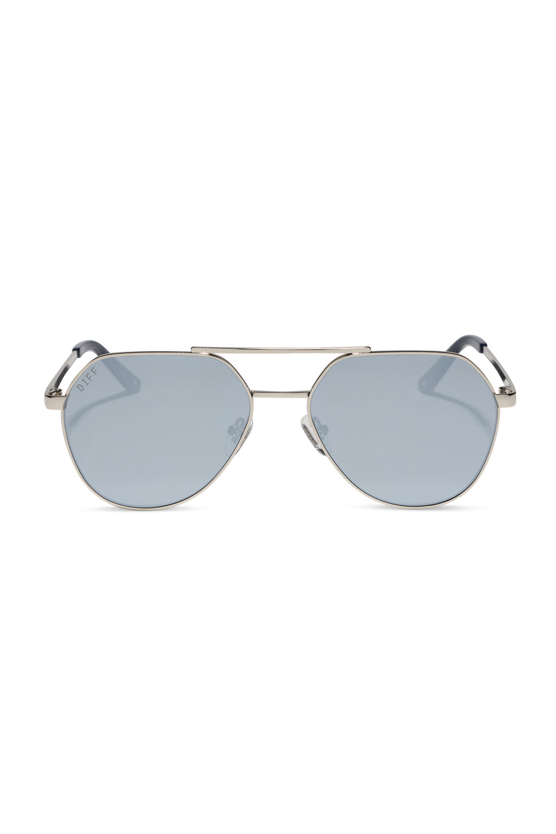 Aviator sunglasses with silver frame and reflective lenses on a white background