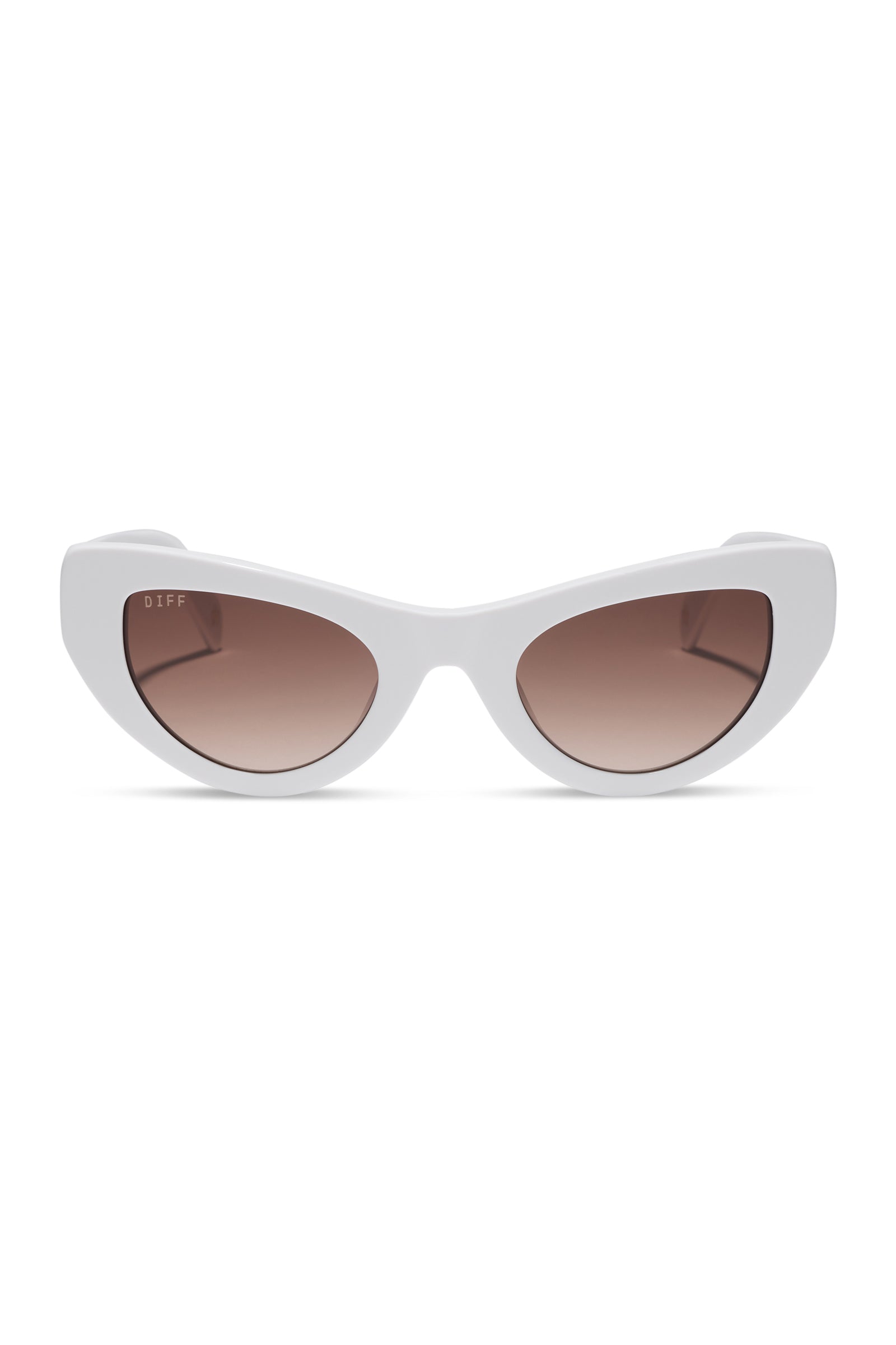 White cat-eye sunglasses with brown gradient lenses on a white background